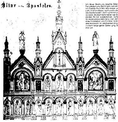 (vf) Diese Zeichnung brachte Ortsvorsteher Franz Holzmann, Dächingen,von seiner zweiten Cuenca-Reise mit. Man nimmt an, daß es sich um einen Altarentwurf von Bruder Johannes Stiehle handelt. Dafür sprechen einige Ornamente, die auch auf anderen von Stiehle geplanten Bauten wiederkehren. Schöpferisch im Ausdrucksbereich kann man den geistlichen Architekten und Künstler nicht nennen, aber mit den im 19. Jahrhundert üblichen Stilmustern vergangener Zeiten ging Stiehle sicher um.